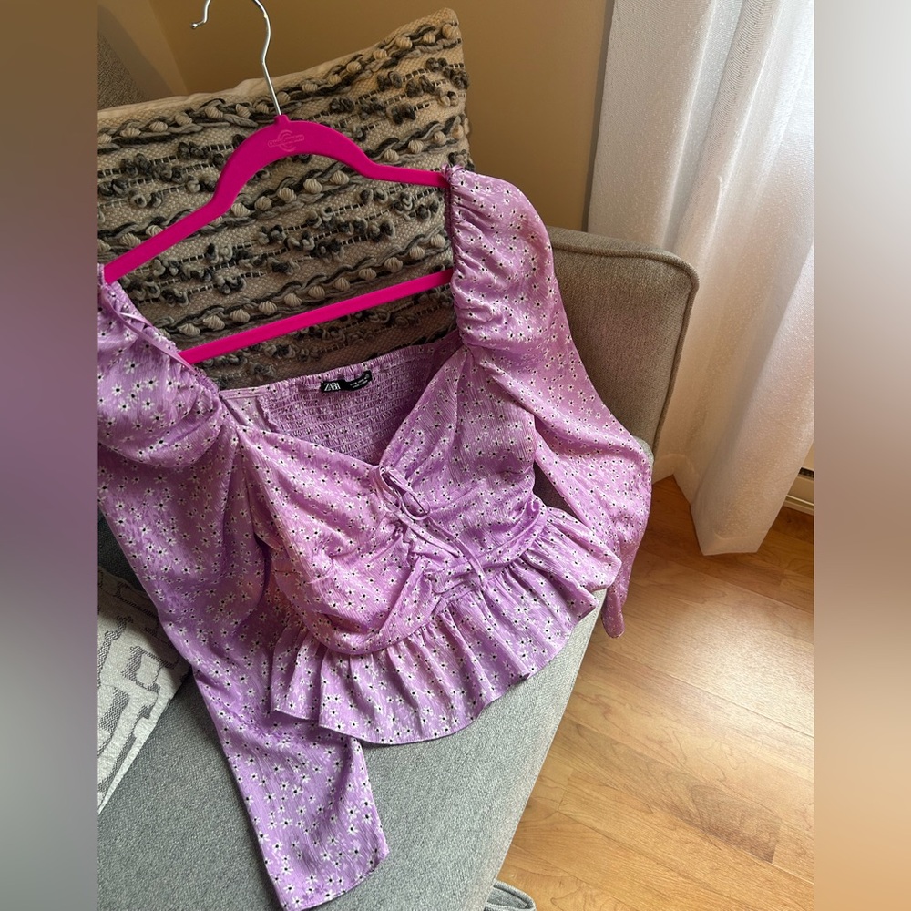 Zara Purple Ruched Ruffled Blouse - Picture 4 of 5